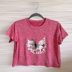 White Butterfly Floral Dri Fit Crop Top | SIZE S